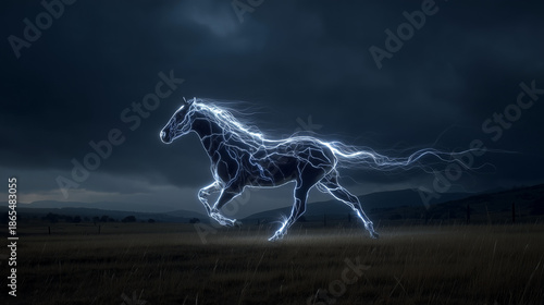 electric horse running through stormy field 