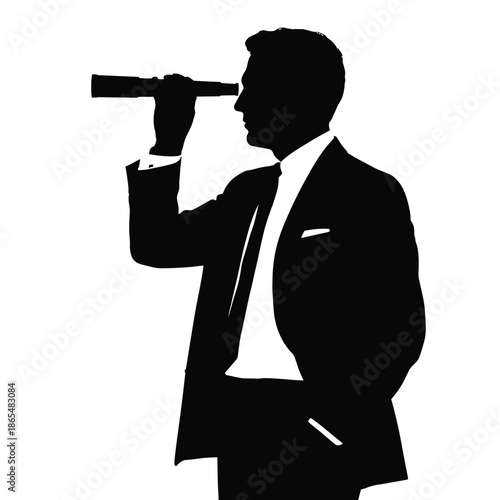 Silhouette of a man looking through a telescope in profile