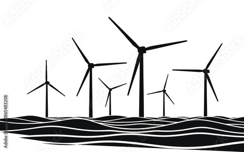 Black and white illustration of wind turbines over wavy landscape