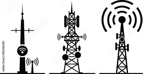 Telecommunication towers and signal antennas silhouettes, black vector illustration of wireless transmission infrastructure, broadcasting technology, mobile network and communication concept