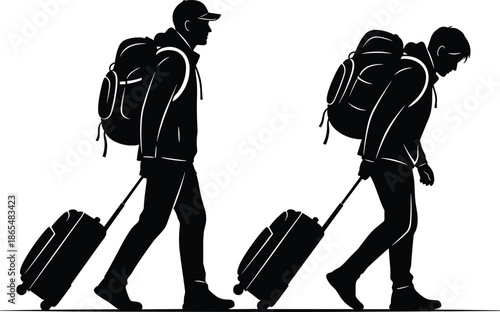 Travelers silhouette walking with backpacks and rolling suitcases, black vector illustration of airport journey, modern tourism concept, isolated on white background