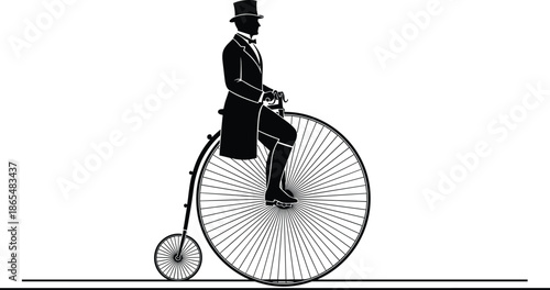 Victorian gentleman riding penny farthing bicycle silhouette vector illustration, vintage transport concept with elegant man in top hat and classic historical cycling style