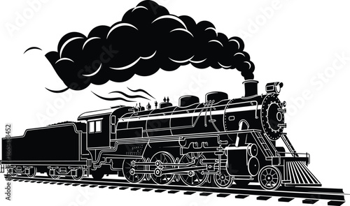Vintage steam locomotive silhouette with heavy smoke, classic black vector illustration of railway train engine, historic transport concept, isolated on white background