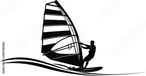 Windsurfing athlete silhouette vector illustration, extreme water sport action with sailboard on waves, dynamic outdoor adventure, minimalist black and white design