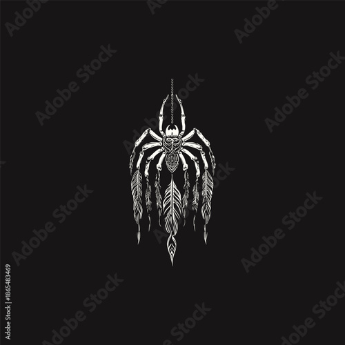 Boho style tarantula spider illustration with feathers and arrows, ethnic tribal spider engraving hand drawn sketch.