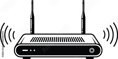 Wireless wifi router silhouette, black vector illustration of internet modem with antennas, modern network technology concept, isolated minimal device design