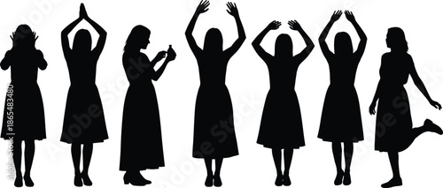 Woman posing silhouette set vector illustration, multiple female body gestures and standing positions, lifestyle concept, elegant black and white people design