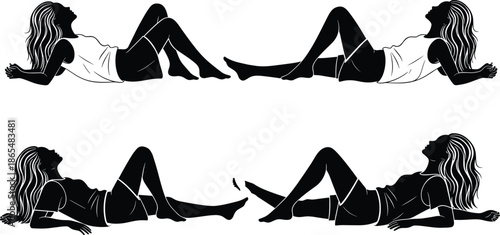 Woman relaxing reclining silhouettes set, black vector illustration of female leisure poses, calm body language, wellness lifestyle and comfortable resting concept