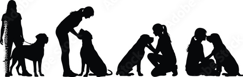Woman with dog silhouettes vector illustration, pet care and human animal bonding scenes, training walking sitting affection moments, minimalist black and white design