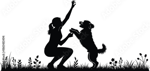Woman training playful dog silhouette vector illustration, pet obedience activity outdoors, human and animal interaction concept, black and white 