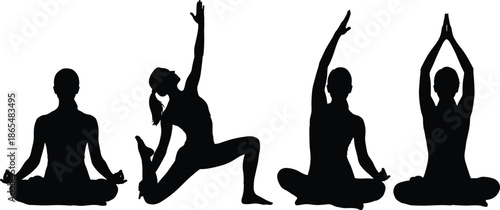 Yoga and meditation silhouettes in multiple poses, black vector illustration of wellness practice, flexibility training, mindfulness and balanced healthy lifestyle concept