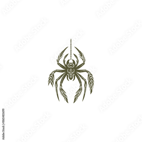 Boho style tarantula spider illustration with feathers and arrows, ethnic tribal spider engraving hand drawn sketch.