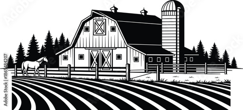 Rural farm barn landscape with silo and horse, countryside agriculture vector illustration, farming nature concept, traditional ranch scene, black and white design