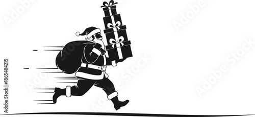 Running Santa Claus silhouette carrying stacked gift boxes, black vector illustration for Christmas delivery concept, holiday rush, festive season transportation