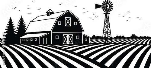 Rural farm landscape with barn and windmill, countryside fields scenery, agricultural nature concept, black and white vector illustration for farming design