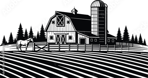 WebRural farm landscape vector illustration, classic barn and silo scenery, countryside agriculture field with horse, fence, trees, vintage black white design