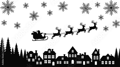 Santa Claus sleigh flying over winter village silhouettes, black vector illustration with reindeer and snowflakes, Christmas night holiday scene