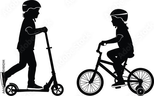 Silhouette kids riding scooter and bicycle wearing safety helmets, black vector illustration of children outdoor transport, active childhood mobility concept