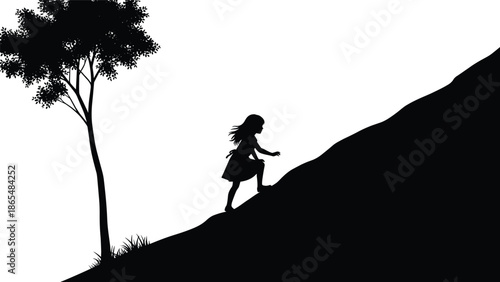 Silhouette of girl climbing hill near tree, journey and personal growth concept, overcoming challenges, childhood resilience and determination, inspirational black and white vector illustration