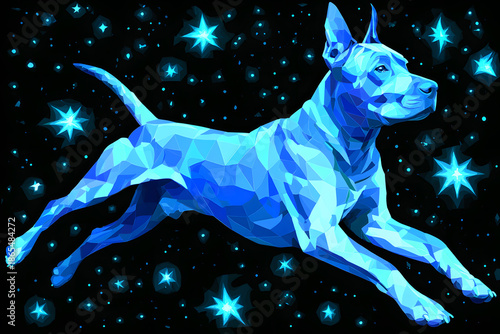 Dog jumps through a starry night sky with bright blue colors and geometric shapes surrounding it