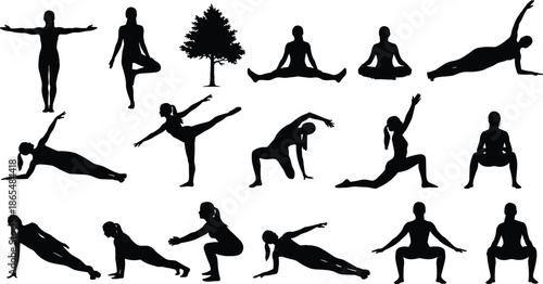 Yoga and fitness silhouettes vector set, women practicing meditation, pilates and stretching exercises, healthy lifestyle icons for wellness and gym branding, isolated.
