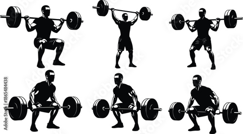Weightlifting man silhouettes vector set, bodybuilder performing squats, deadlifts and overhead press, gym workout training and fitness strength exercise icons, isolated.