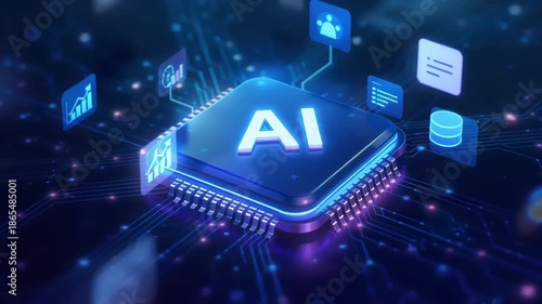 Futuristic AI Chip Technology, Digital Interface, Data Connectivity, Concept Illustration, Isometric, Artificial Intelligence