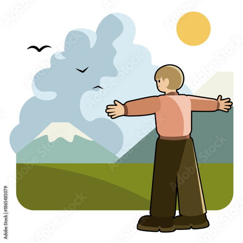 A young woman stood on a rock happily looking at the sunrise. Freedom concept. Happiness image. Vector illustration.
