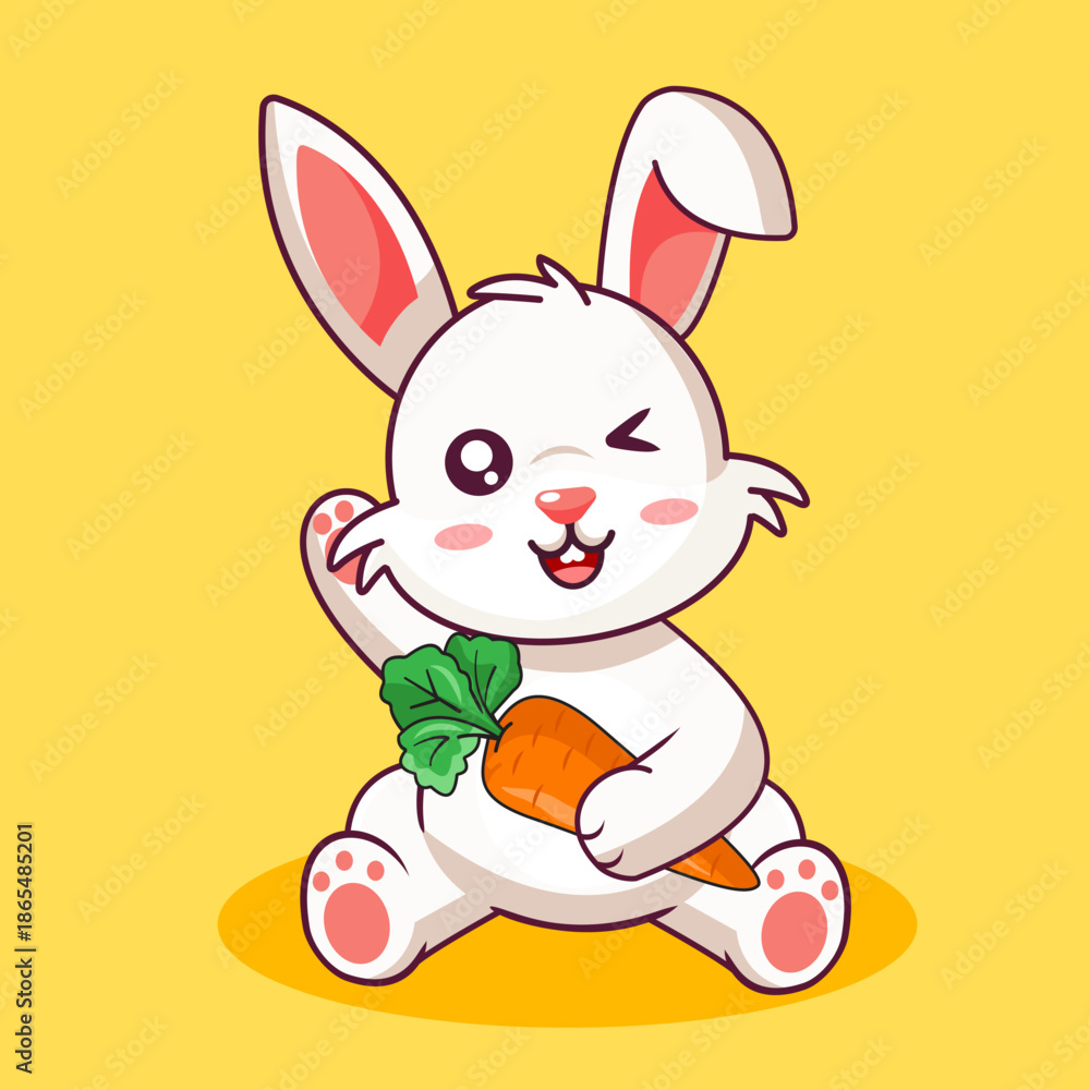 Obraz premium Cheerful White Bunny Sitting Holding a Carrot and Winking Vector Illustration Cartoon Design Kawaii