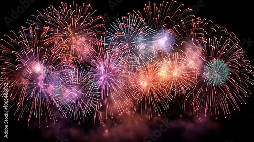 Fireworks Display Celebration, Night Sky, Outdoor Event, Nature, Wide Angle Festive Spectacle, Aerial Perspective