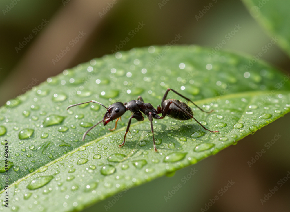 Naklejka premium Ant on a Dewy Leaf