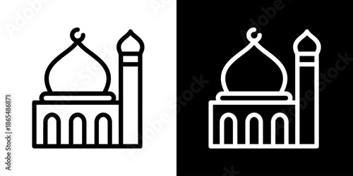 Mosque icon logo in outline style. Contour vector illustration of Islamic architecture on black and white background. Minimal line symbol suitable for branding, signag, digital design.