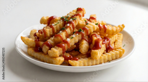 French fries lightly drizzled with ketchup isolated on a white background