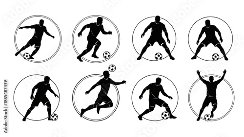 Football Player Silhouettes Vector, Soccer Icon Set, Sports Action Illustration
