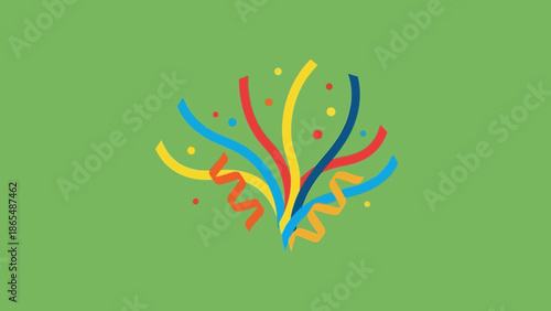 A festive explosion of colorful confetti and streamers against a solid green background.