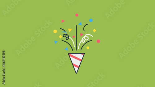 A festive party popper explodes with colorful confetti against a plain green background.