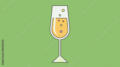 A tall champagne flute filled with bubbly golden liquid and a few bubbles rising to the surface, set against a plain green background.
