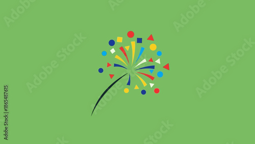 A vibrant abstract illustration of a dandelion seed head with colorful geometric shapes bursting outwards on a green background.