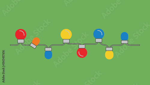 A string of colorful Christmas lights on a green background.
