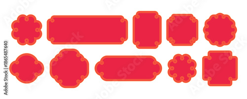 Chinese Frames with Gold Border Patterns. Oriental Logo Element Design. Vector Simple Red China Labels with Ornamented Frames.