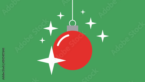 A bright red Christmas ornament hangs suspended against a vibrant green background, adorned with sparkling white stars.