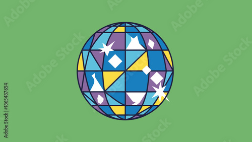 A colorful disco ball with geometric patterns and starbursts against a solid green background.