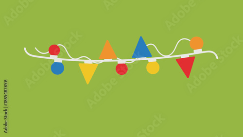 A string of colorful festive lights and geometric shapes strung together on a green background.