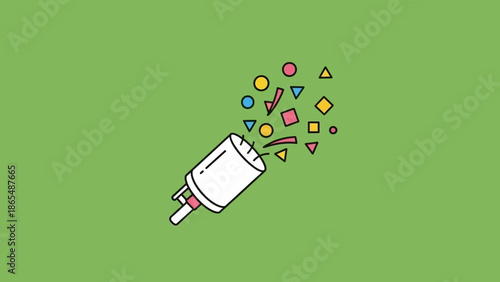 A white party popper exploding with colorful confetti and geometric shapes against a green background.
