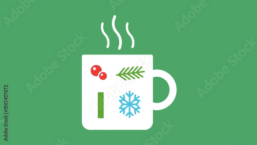 A white mug with festive winter holiday icons, including holly berries, a pine sprig, and a snowflake, steaming with warmth against a green background.