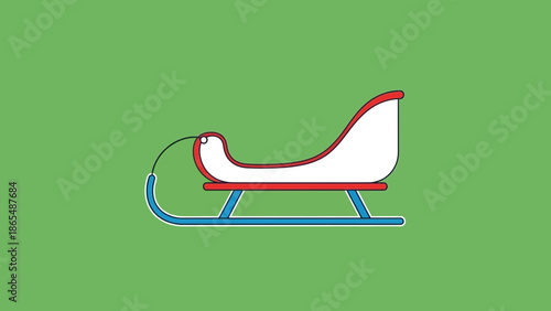 A simple, stylized illustration of a red and white sleigh with blue runners on a solid green background.