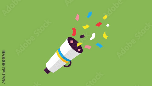 A white party popper exploding with colorful confetti against a plain green background.
