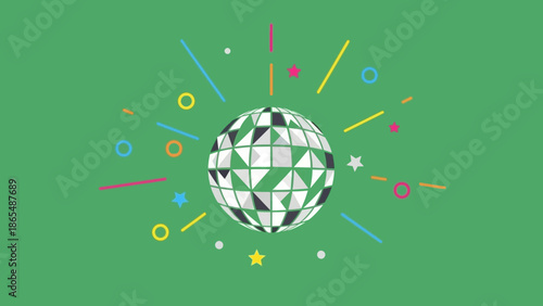 A vibrant disco ball explodes with colorful confetti and geometric shapes on a green background.