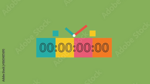 A colorful digital stopwatch with clock hands and a green background.