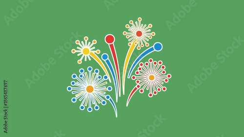 A vibrant green background with a stylized depiction of colorful fireworks exploding in a celebratory display.